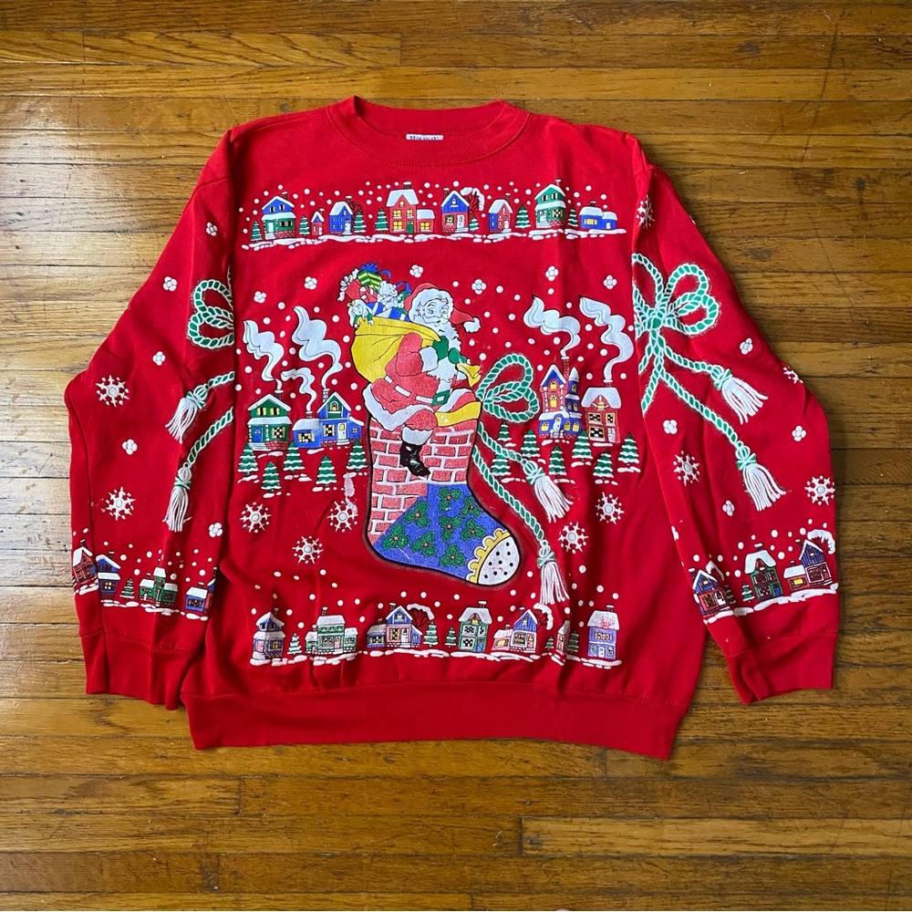 Vintage HOLIDAY TIME Ugly Christmas Sweater with Santa on Chimney Stocking Large
